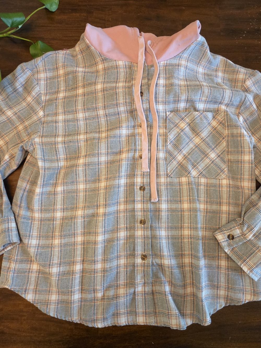 Plaid Hooded Button Down Flannel Shirt Jacket XL Soft Pink